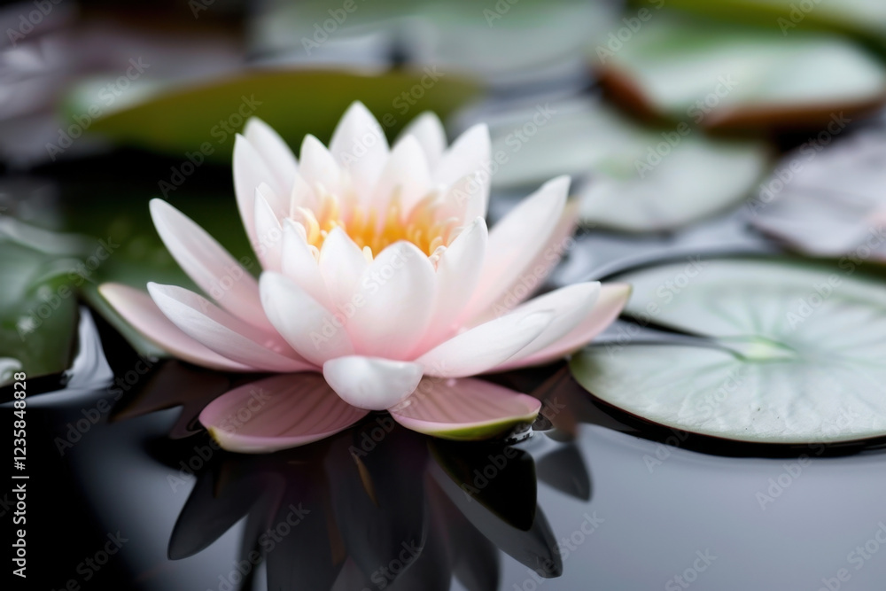 Description: A delicate pink water lily with soft petals and a golden center, floating peacefully on a calm pond. Surrounding lily pads enhance the serene and dreamy atmosphere of this aquatic flower. Description: A delicate pink water lily with soft petals and a golden center, floating peacefully on a calm pond. Surrounding lily pads enhance the serene and dreamy atmosphere of this aquatic flower.