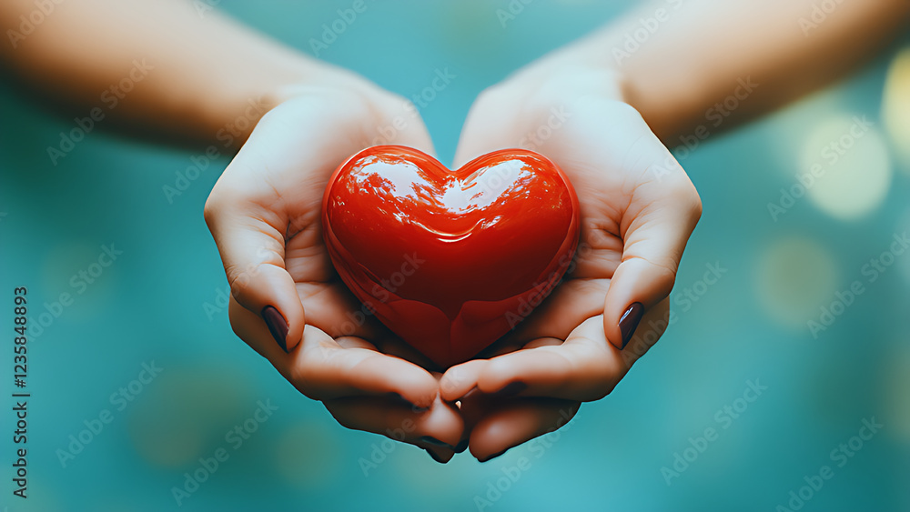 Hand holding red heart on blue background. Hand holding red heart on blue background.