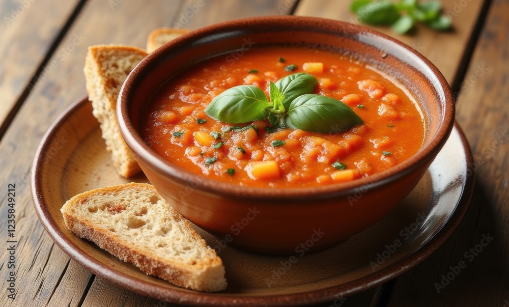 Hearty vegetable soup with bread slices Hearty vegetable soup with bread slices