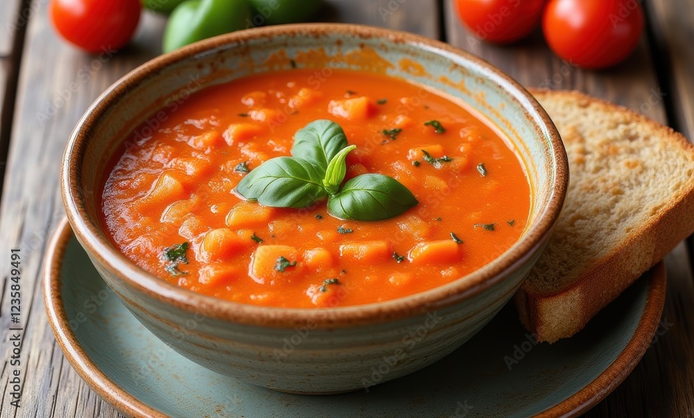 Delicious bowl of tomato soup with bread Delicious bowl of tomato soup with bread