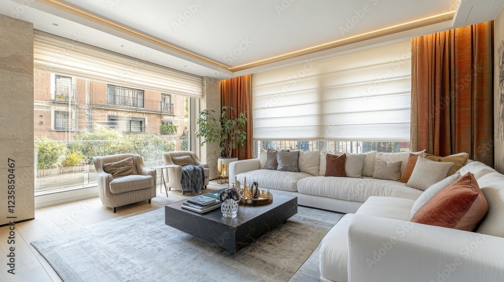 Fototapeta premium Luxurious living room, city view, modern design.