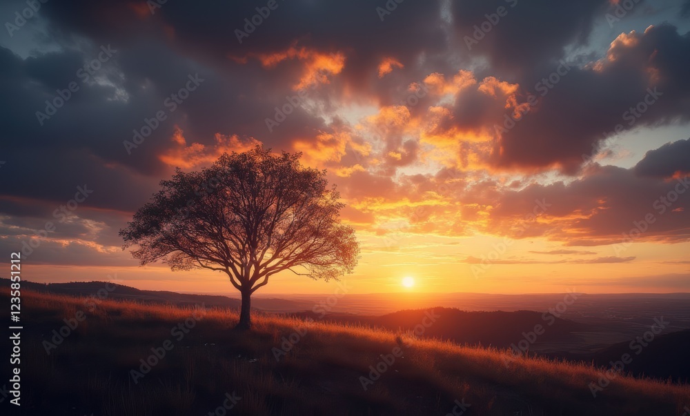 Solitary tree at sunset in serene landscape Solitary tree at sunset in serene landscape
