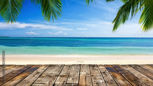 Tranquil tropical beach view with ocean waves and palm leaves - perfect for relaxing getaway scenes