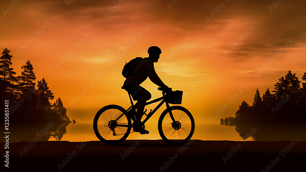Obraz premium Silhouette of a man cycling with complete safety accessories, sunset background.