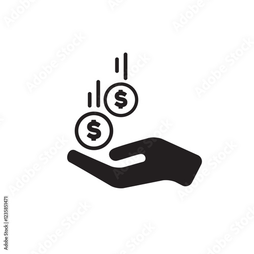 Earning icon with coin featuring dollar sign falling into a hand for income and payment visuals