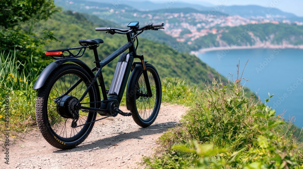 Obraz premium Futuristic electric bike adventure on scenic eco-friendly trail coastal landscape outdoor nature exploration