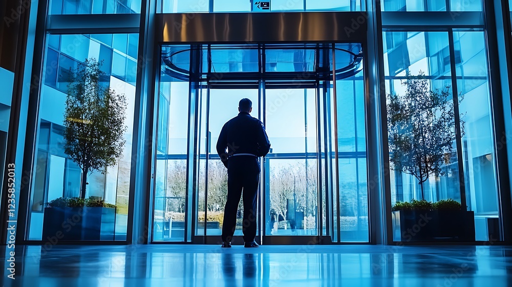 Back view of security guard standing watch against a high-tech glass door Back view of security guard standing watch against a high-tech glass door