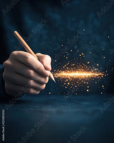 A hand holding a pencil igniting sparks of creativity in an artistic environment. Creativity idea and vision concept.