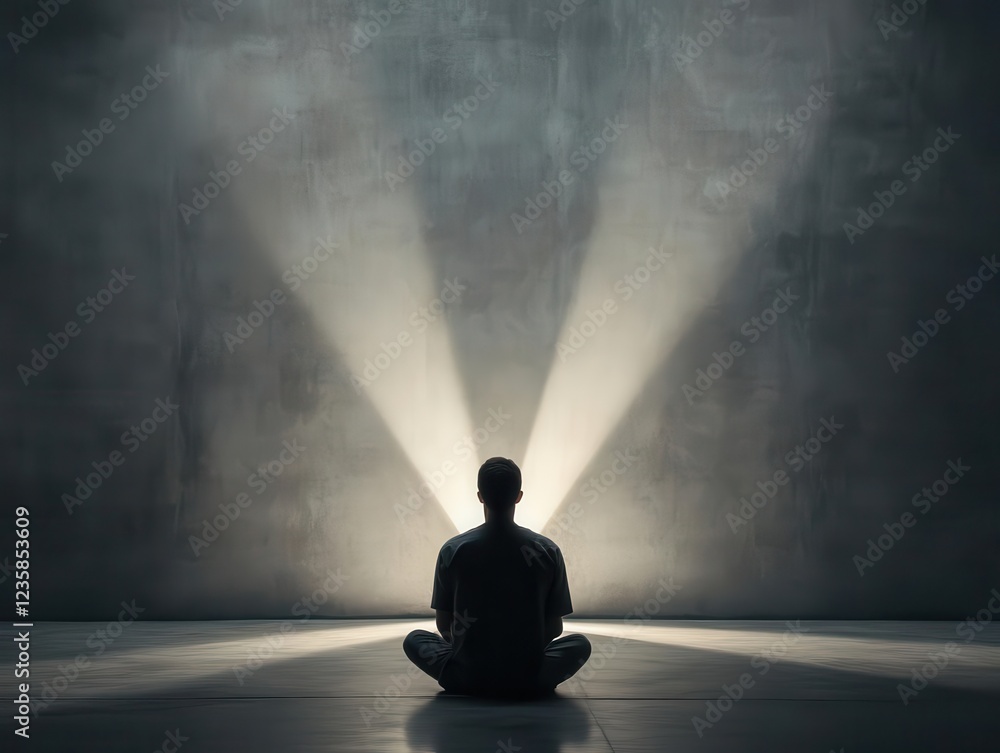 A person sitting in meditation, illuminated by beams of light against a dark background, conveying tranquility and introspection. Creativity idea and vision concept. A person sitting in meditation, illuminated by beams of light against a dark background, conveying tranquility and introspection. Creativity idea and vision concept.