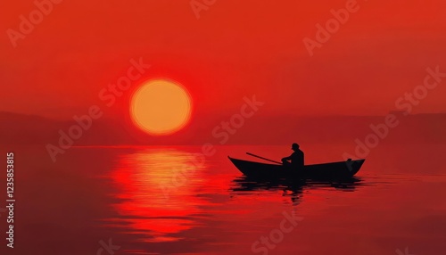 Solitary Boatman at Red Sunset Peaceful Waterscape