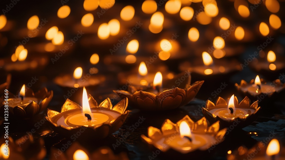 Softly Glowing Floating Candles in Decorative Lotus Bowls Illuminating Peaceful Waters at Night Creating a Serene and Tranquil Atmosphere for Reflection and Celebration Softly Glowing Floating Candles in Decorative Lotus Bowls Illuminating Peaceful Waters at Night Creating a Serene and Tranquil Atmosphere for Reflection and Celebration