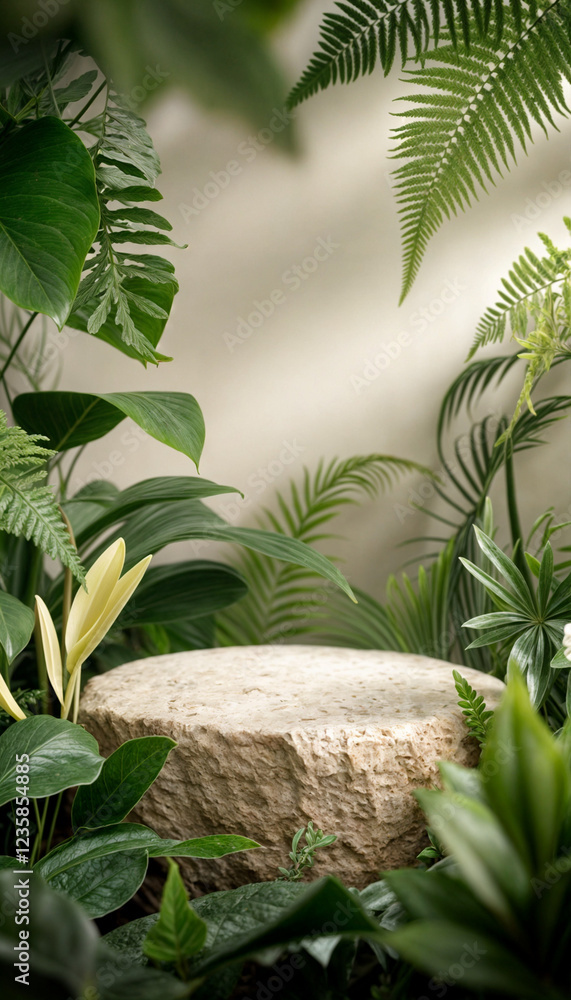 Fototapeta premium This image showcases a stone pedestal set within a lush, tropical jungle backdrop. Surrounded by vibrant green foliage and natural textures, the composition exudes a serene and organic ambiance. The e