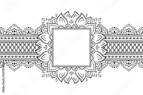 Frame in eastern tradition. Stylized with henna tattoos decorative pattern for decorating covers for book, notebook, casket, magazine, postcard and folder. Flower border in mehndi style.