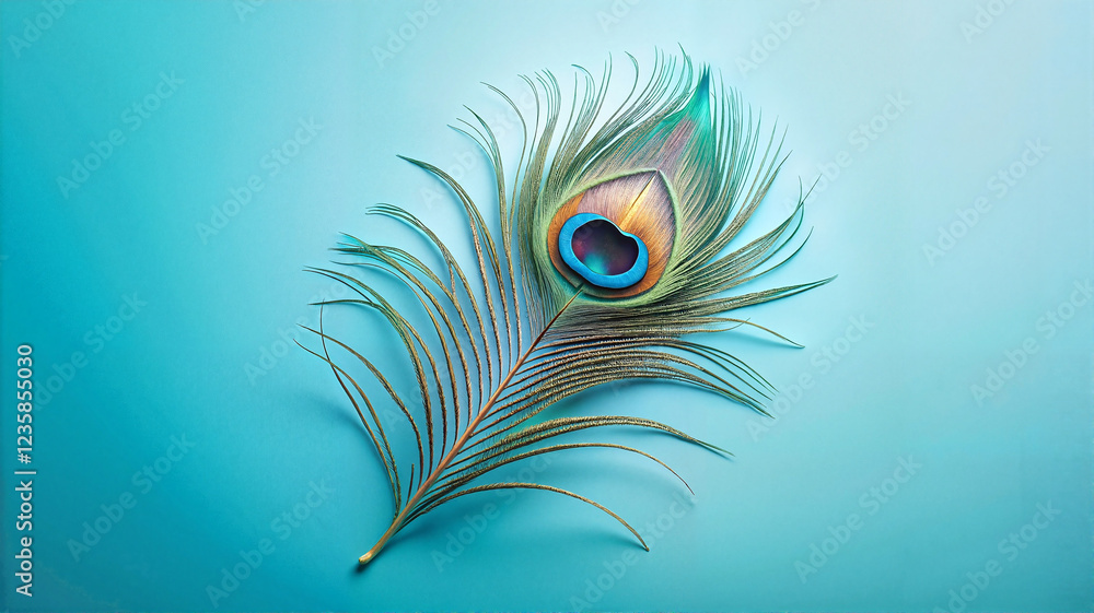 Obraz premium Peacock feather on soft blue background with elegant lighting