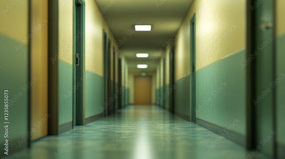 Long Corridors, Mysterious and Eerie Atmosphere. Green Walls and Beige Doors Create a Retro Vibe. Long Corridors, Mysterious and Eerie Atmosphere. Green Walls and Beige Doors Create a Retro Vibe.