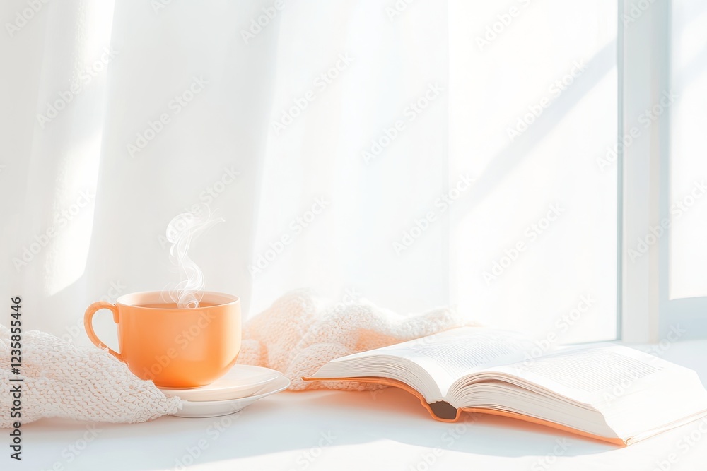 cozy reading nook bathed in soft morning light with open book steaming cup of tea and warm blanket cozy reading nook bathed in soft morning light with open book steaming cup of tea and warm blanket