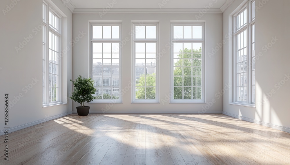 Fototapeta premium Bright and spacious empty room with large windows and natural light illuminating hardwood floors, creating a serene atmosphere