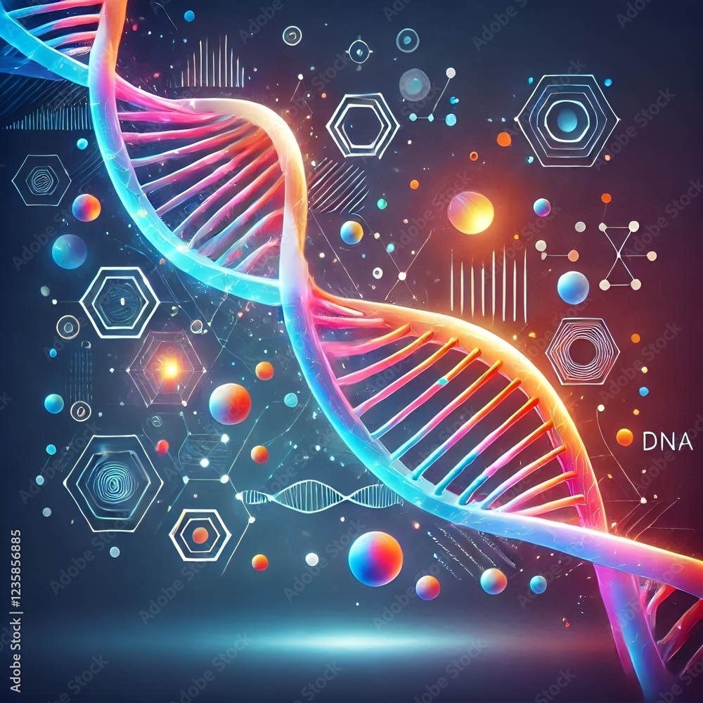 Colorful DNA double helix with molecular structures and scientific elements, genetics concept Colorful DNA double helix with molecular structures and scientific elements, genetics concept