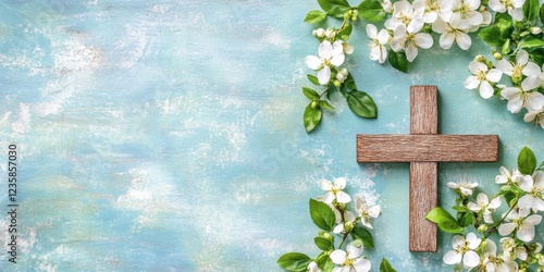 Ethereal Floral Cross Composition Soft Blue Background photo