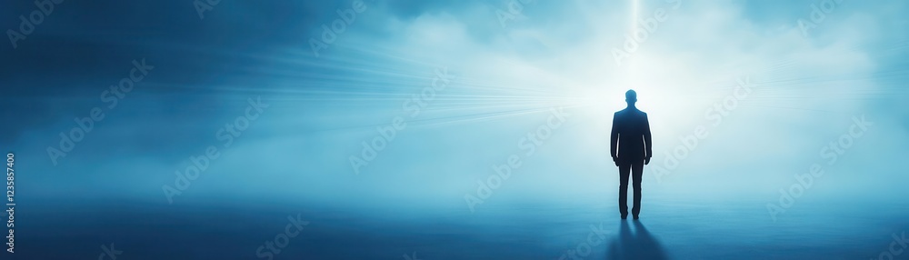 A solitary figure standing in a blue, misty landscape, symbolizing introspection and the search for clarity in life. Creativity idea and vision concept. A solitary figure standing in a blue, misty landscape, symbolizing introspection and the search for clarity in life. Creativity idea and vision concept.