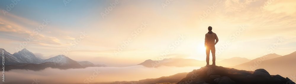 A solitary figure stands against a breathtaking sunrise, epitomizing tranquility and hope in nature's embrace. People raise arm stand in field. A solitary figure stands against a breathtaking sunrise, epitomizing tranquility and hope in nature's embrace. People raise arm stand in field.