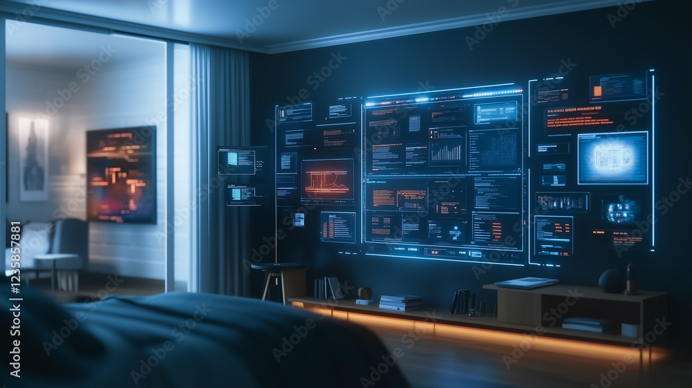 Cyberpunk Bedroom: Futuristic bedroom interior design with a large holographic display wall showing complex data and neural network visualizations. The room is dark and sleek with a modern aesthetic. Cyberpunk Bedroom: Futuristic bedroom interior design with a large holographic display wall showing complex data and neural network visualizations. The room is dark and sleek with a modern aesthetic.