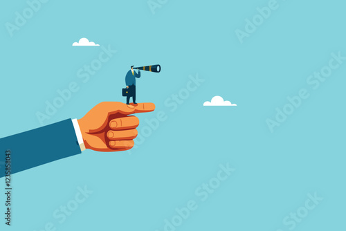 The Path of foresight, A Business Leader Standing on a Giant Pointing Finger, Scanning the Horizon with a Telescope for Future Opportunities