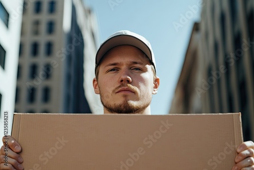 minimalistic portrait of passionate activist holding sign advocating for change background softly blurred highlighting photo