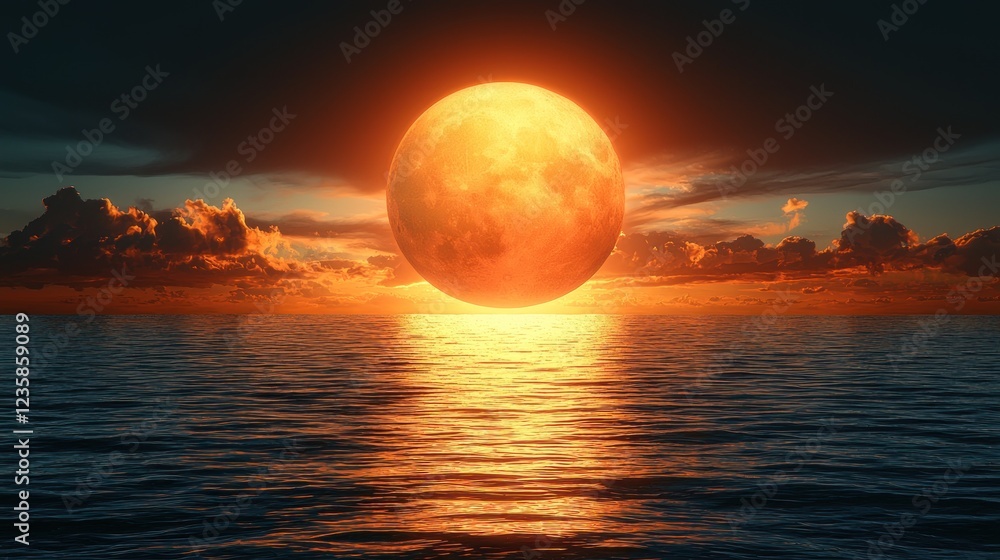Orange Moon Setting Over Calm Ocean Waters Orange Moon Setting Over Calm Ocean Waters