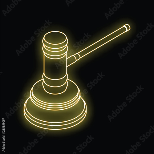 Glowing yellow neon outline of a gavel resting on a sound block, on black background