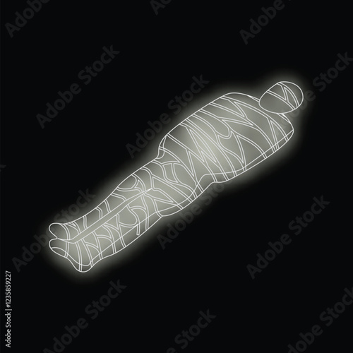 Illustration of a person wrapped tightly with cloth restraints, glowing on a black background