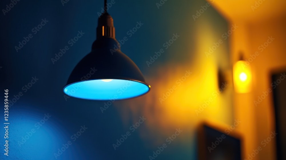 Obraz premium Blue and Yellow Light Harmony: Interior Design with Hanging Lamp