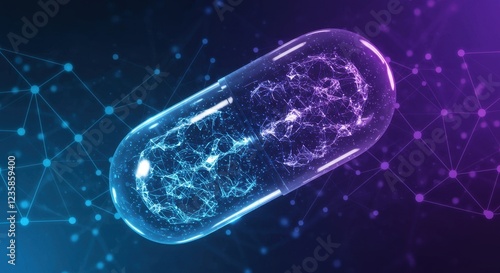 Abstract digital capsule with glowing particles against a vibrant background
