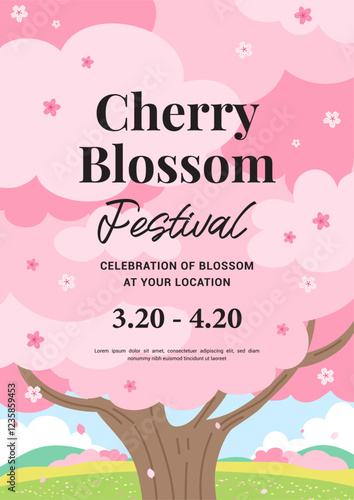 Cherry blossom festival poster invitation vector design. Blooming Sakura flower tree
