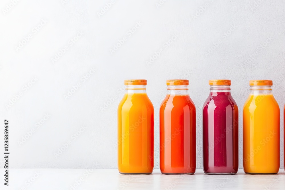 selection of freshly squeezed fruit and vegetable juices in elegant glass bottles neatly arranged on clean white table selection of freshly squeezed fruit and vegetable juices in elegant glass bottles neatly arranged on clean white table