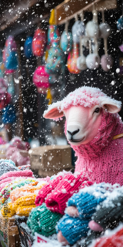 Sheep in pink clothes selling wool products on outdoor market during snowy day photo