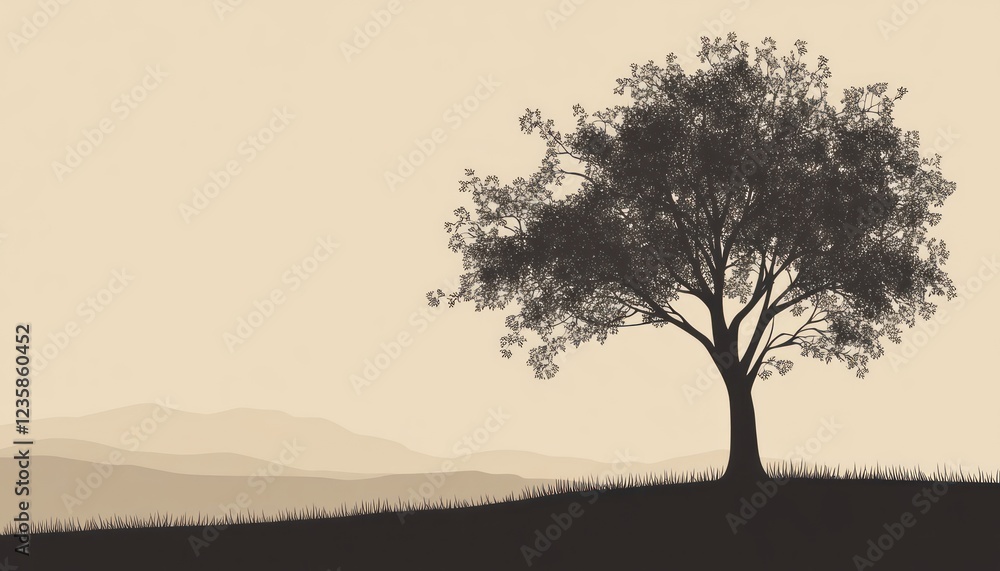 Silhouette Of A Single Tree Against A Mountain Landscape Silhouette Of A Single Tree Against A Mountain Landscape