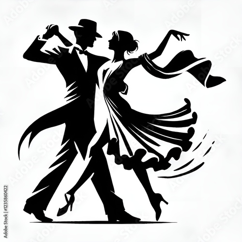 Elegant dancing couple silhouette in a black and white vector illustration.