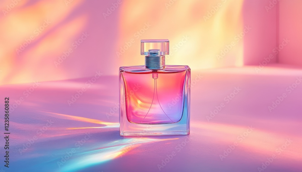 Unique glass perfume bottle against a colorful abstract background showcasing vibrant hues and smooth curves in a modern design Unique glass perfume bottle against a colorful abstract background showcasing vibrant hues and smooth curves in a modern design