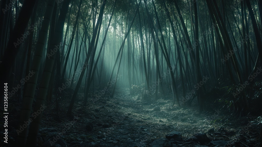 Obraz premium Mysterious bamboo forest path, misty morning, sunlight, Asian landscape, film backdrop