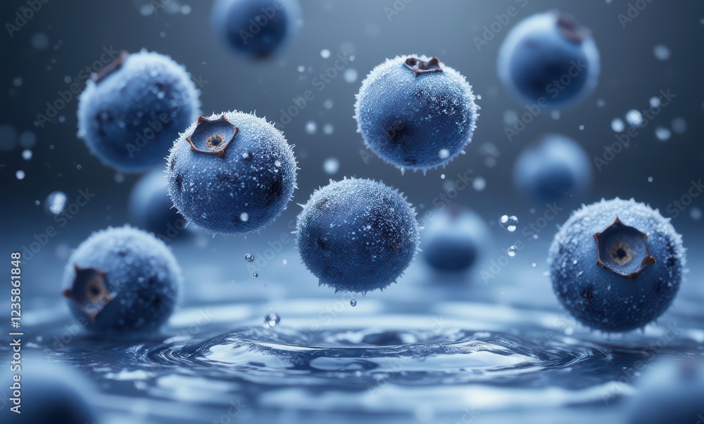 Frozen blueberries splashing in water Frozen blueberries splashing in water