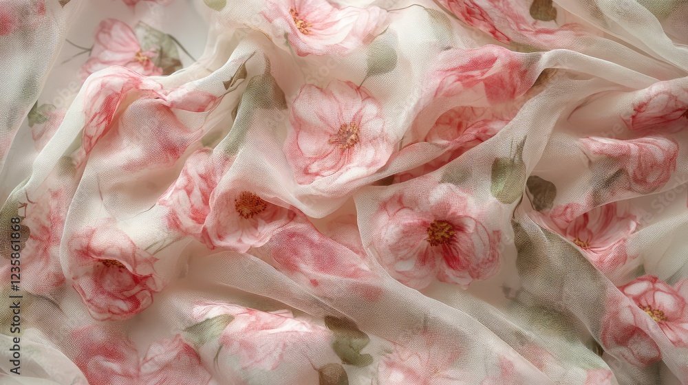 Naklejka premium Delicate Floral Fabric Pattern with Soft Pink Flowers on Light Background, Perfect for Fashion, Interior Design, Textiles, and Crafting Projects