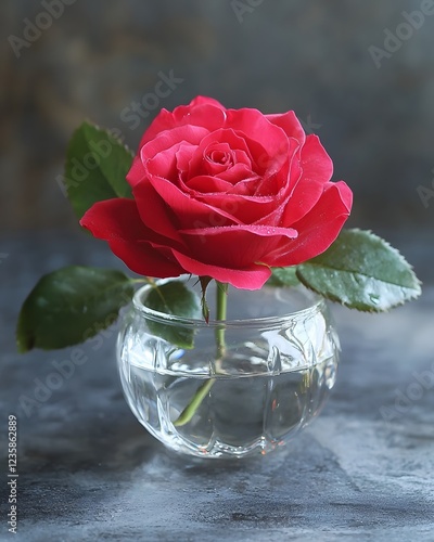 Serene Red Rose in Glass Vase with Glistening Water Droplets photo