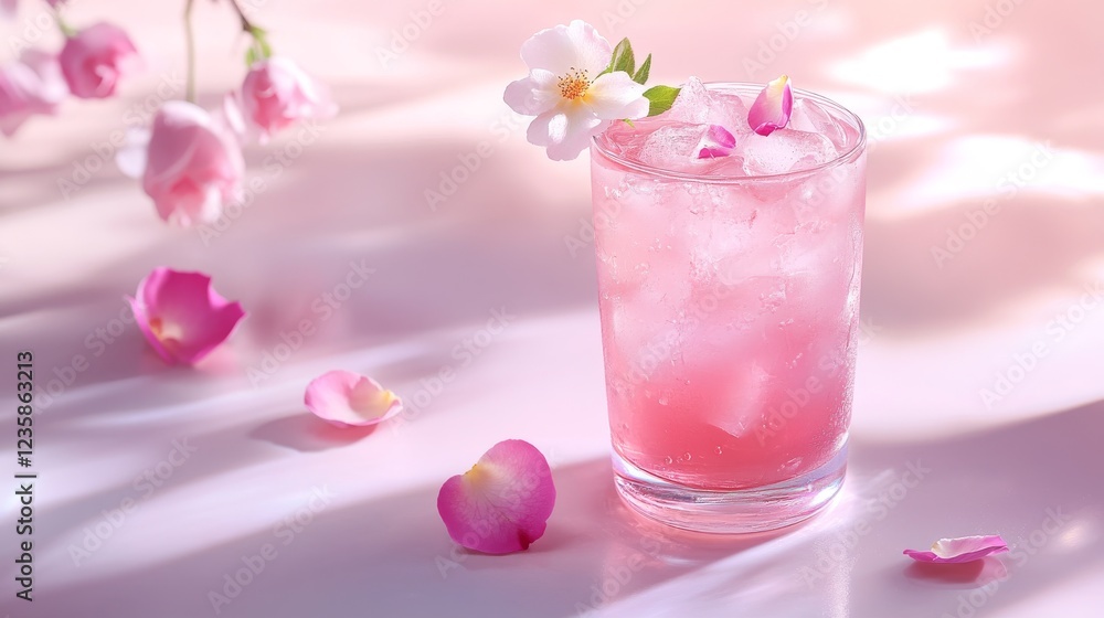 74.A delicate pink mocktail in a clear glass is garnished with fresh rose petals and a single blooming flower, set on a bright, clean surface. The drink’s pink hue contrasts beautifully with the 74.A delicate pink mocktail in a clear glass is garnished with fresh rose petals and a single blooming flower, set on a bright, clean surface. The drink’s pink hue contrasts beautifully with the