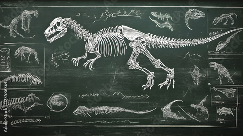 Fototapeta Naklejka Na Ścianę i Meble -  Detailed of dinosaur skeleton fossil displayed on chalkboard in a classic classroom or museum setting providing an educational reference for paleontology science and natural history studies