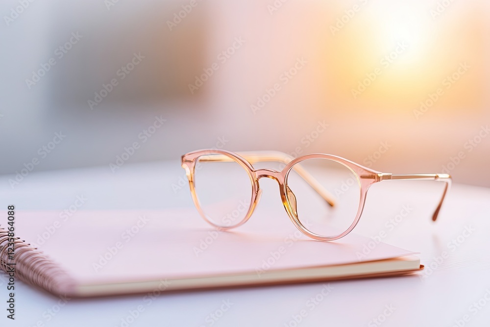 close-up of therapist reading glasses resting on desk beside notebook close-up of therapist reading glasses resting on desk beside notebook