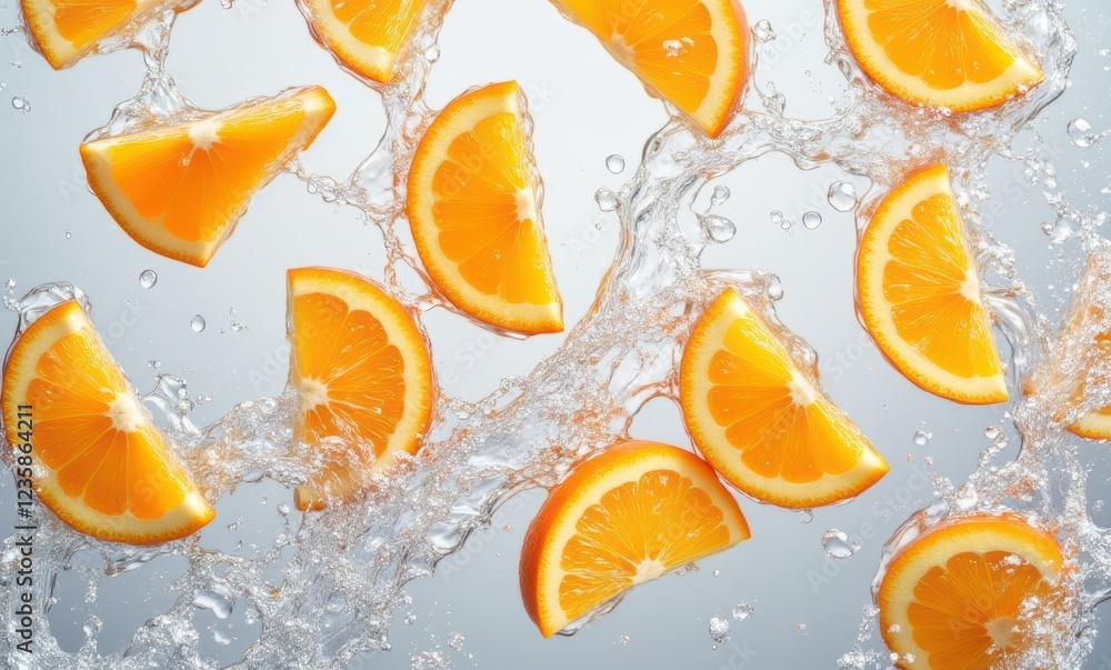 Refreshing orange slices in water splash Refreshing orange slices in water splash