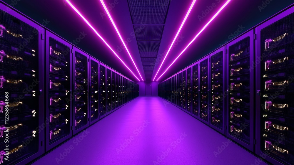 Fototapeta premium Modern Metallic Technology Corridor with Racked GPUs and Neon Lights