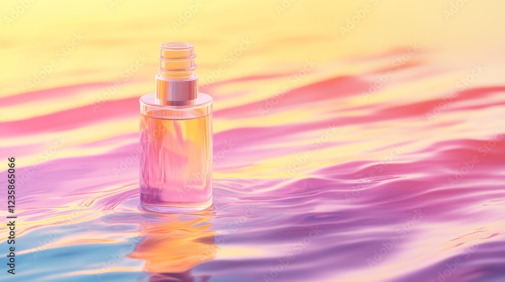 64.A minimalist shot of a moisturizing serum bottle standing amidst light waves of water, surrounded by a gradient of pink and yellow. The smooth glass of the bottle catches the soft lighting, 64.A minimalist shot of a moisturizing serum bottle standing amidst light waves of water, surrounded by a gradient of pink and yellow. The smooth glass of the bottle catches the soft lighting,