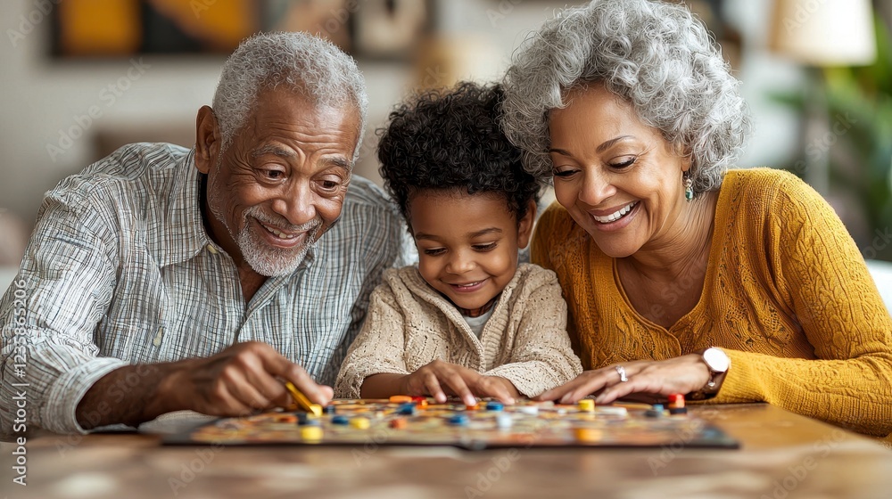 Grandparents playing board game with grandchild at home Grandparents playing board game with grandchild at home